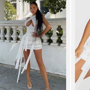 Brand new with tag shape white mesh wrap neck tie detail body on dress womens